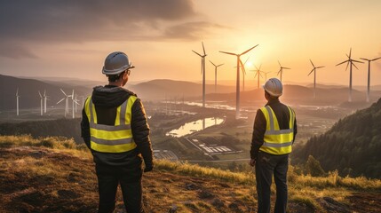 Poster - Maintenance engineer team working in wind turbine farm.