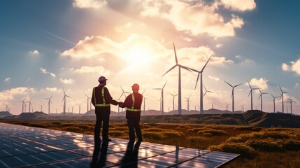 Poster - Maintenance engineer team working in wind turbine farm, Future electrical production.