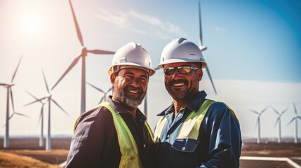 Poster - Maintenance engineer team working in wind turbine farm, Future electrical production.