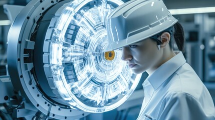 Aufkleber - Professional Engineer works with holographic projection 3D model of the engine turbine prototype in high tech futuristic factory.
