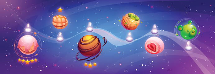 Poster - Space game ui level map with imaginary sweet dessert planets on path. Cartoon vector illustration of gaming route with steps marked with magic alien cosmic orbs looking like candy and pastries.