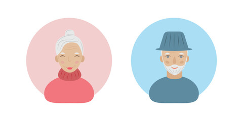 Wall Mural - Elderly people avatar. Grandfather and grandmother. Old people with gray hair. Vector illustration