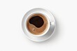 A hot cup of black espresso coffee from above in a white cup isolated against a white background, Generative AI