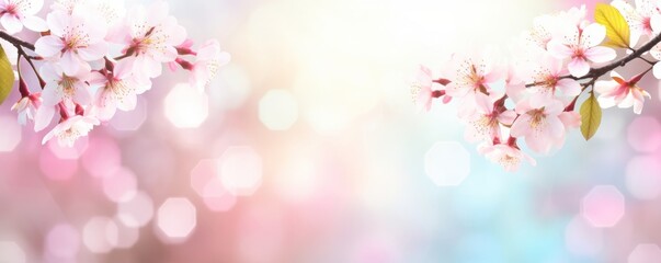 Pink cherry tree blossom flowers blooming in spring, easter time against a natural sunny blurred garden banner background of blue, yellow and white, Generative AI