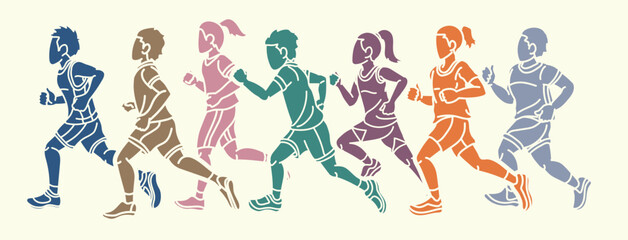 Sticker - Children Running Together Boy and Girl Cartoon Sport Graphic Vector