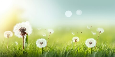 Wall Mural - Dandelion weed seeds blowing across a spring, summer garden lawn with a bright sunny background, Generative AI