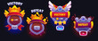 Victory and defeat game ui badges. Cartoon vector illustration set of win and lose interface labels. Successful and failure level completion with golden crown and wings in videogame or casino.