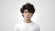Potrait of young handsome Asian, Korean or japanese boy, wearing white t-shirt, plane white background created with Generative AI