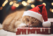 Cute Ginger Cat With Santa Hat Sleeping On Gift Box Near Christmas Tree With Light Bokeh Background, Christmas With Pet Concept.