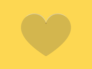 Poster - Flat metal heart. Symbol of love. Golden mono color. On a solid yellow background. Front view. 3d rendering.