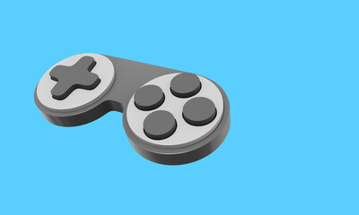 Poster - Minimalistic console game controller. Gray icon on blue background with space for text. 3D rendering.