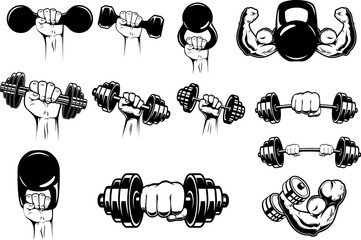 Set of illustrations of athlete hand with dumbell, barbell. Design element for poster, emblem, sign, label.