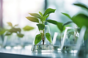 Aufkleber - Plant research, green plant in a glass jar in a laboratory. Ecological breeding and plant development.