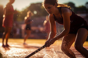 Wall Mural - A female hockey player is playing field hockey