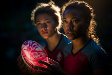 Female rugby players competing on the rugby field