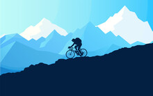 Mountain Biking. Silhouette Of Mountain Female Bike Rider In Wild Nature Landscape. Mountains, Forest In Background. Cyclist. Bicyclist, Downhill, And Off Road Cycling. Flat Illustration