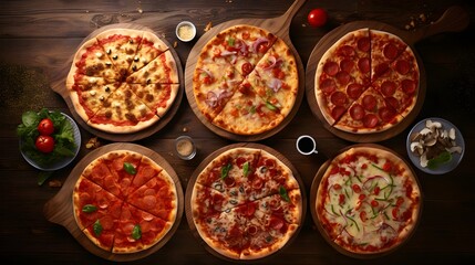 Poster - Pizza party dinner. Flat-lay of various kinds of Italian pizza with food ingredients over rustic wooden table, top view. Fast food lunch, celebration, gathering concept