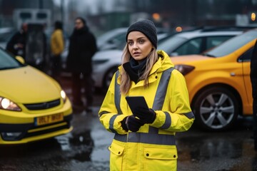 Young female Insurance officer Use a tablet to take photos and Keep a record of the car that was involved in an accident. Auto accident involving two cars on a city street ,Generative AI.