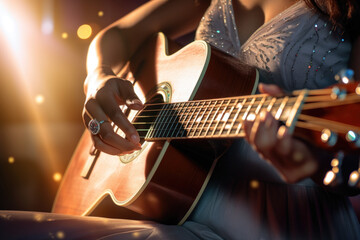 young woman playing guitar, hand focus