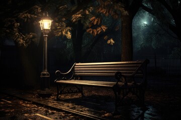 Sticker - a glowing lantern hanging from a park bench, with a path leading into the darkness