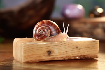 Poster - a snail resting on a soap bar placed on a wooden counter