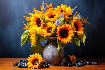 Poster - a fiesta of sunflowers arranged in a vase