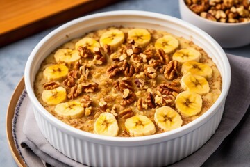 Wall Mural - cooked oatmeal topped with bananas and walnuts