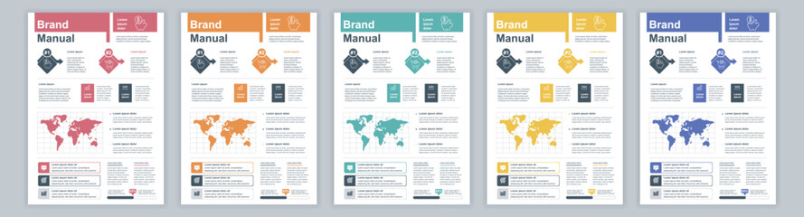 Aufkleber - DIN A3 business brand manual templates set. Company identity brochure page with infographic financial data. Marketing research, and commercial offer. Vector layout design for poster, cover, brochure