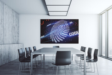 Aufkleber - Abstract graphic fingerprint sketch on tv display in a modern presentation room, fingerprint scan data concept. 3D Rendering
