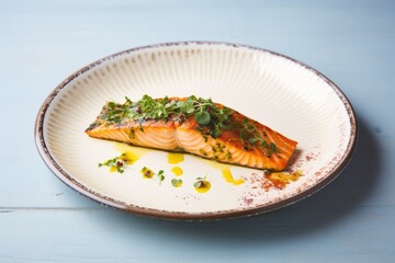 Poster - grilled salmon fillet on a minimalist white plate