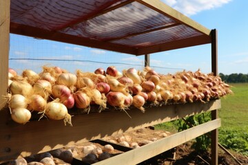 Wall Mural - onions drying in the sun on a wooden rack