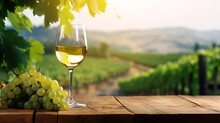 A glass of wine and a bunch of grapes, backdrop of a landscape with vineyards.