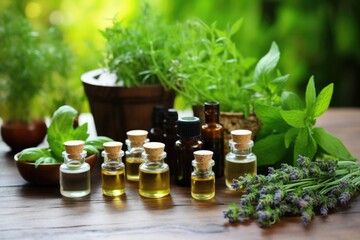 Poster - miniature potted plants beside bottles of homeopathic solutions