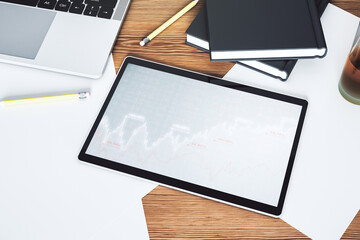 Fototapete - Top view of abstract creative financial graph on modern digital tablet screen, forex and investment concept. 3D Rendering