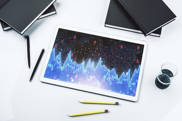 Poster - Top view of modern digital tablet screen with abstract graphic data spreadsheet sketch, analytics and analysis concept. 3D Rendering