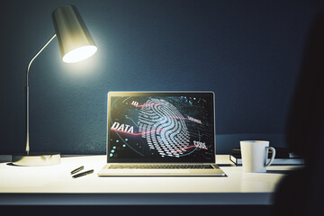 Poster - Computer monitor with abstract fingerprint scan interface, digital access concept. 3D Rendering
