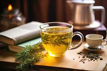 Canvas Print - close-up of herbal tea in a ceramic mug on a bedside table