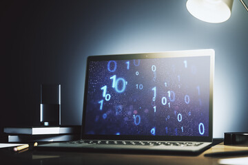 Aufkleber - Modern computer monitor with creative abstract binary code hologram. Database and programming concept. 3D Rendering