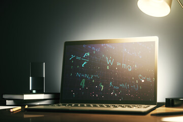 Poster - Creative scientific formula hologram on modern laptop monitor, research concept. 3D Rendering