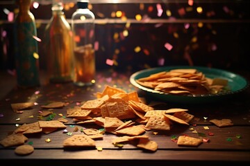 Sticker - crackers and confetti on a wood counter, in warm light