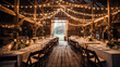 Rustic Barn Wedding, Wood Beams, Stone Jars, Burlap Accents and String Lights