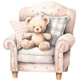 teddy bear on chair watercolor illustration, generative AI