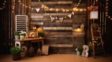 Country Themed Photo Booth, Wooden Backdrop, Burlap Props, Mason Jar Lamp And Chalkboard Sign, Relaxed Vibe