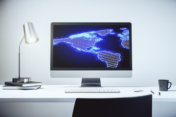 Poster - Modern computer monitor with America map, research and strategy concept. 3D Rendering