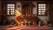 Traditional Indian Pooja Room, Carved Wooden Altar, Holy Statues, Incense Holder and Colorful Rangoli Designs