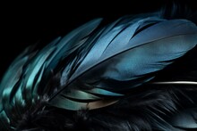 Close-up Blue Feather On Black Background With Blurry Image Of Feathers And Bird's Feathers. Generative AI
