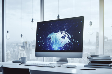 Aufkleber - Computer monitor with abstract creative programming illustration and world map, big data and blockchain concept. 3D Rendering