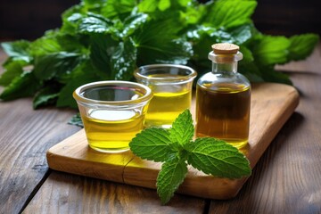 Poster - lemon balm leaves on a wooden table with oil extract beside