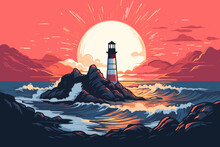 Lighthouse In The Sea At Sunset. Vector Illustration In A Flat Style