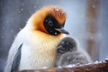 Wall Mural - penguin parent keeps its chick warm in the cold